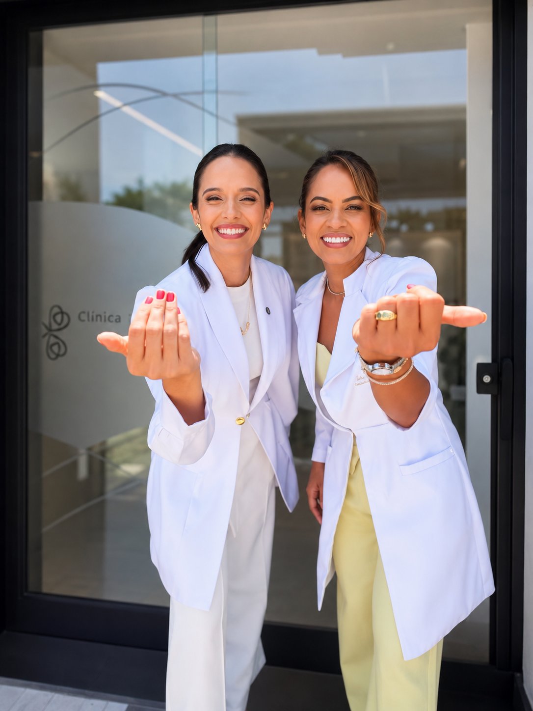 Duas médicas da Clínica AMA sorrindo e convidando você para entrar